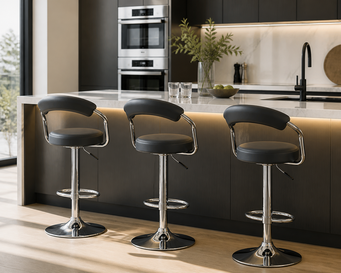 Three modern bar stools with black upholstered seats and curved backs, mounted on polished chrome pedestal bases, arranged along a kitchen island in a contemporary kitchen setting.