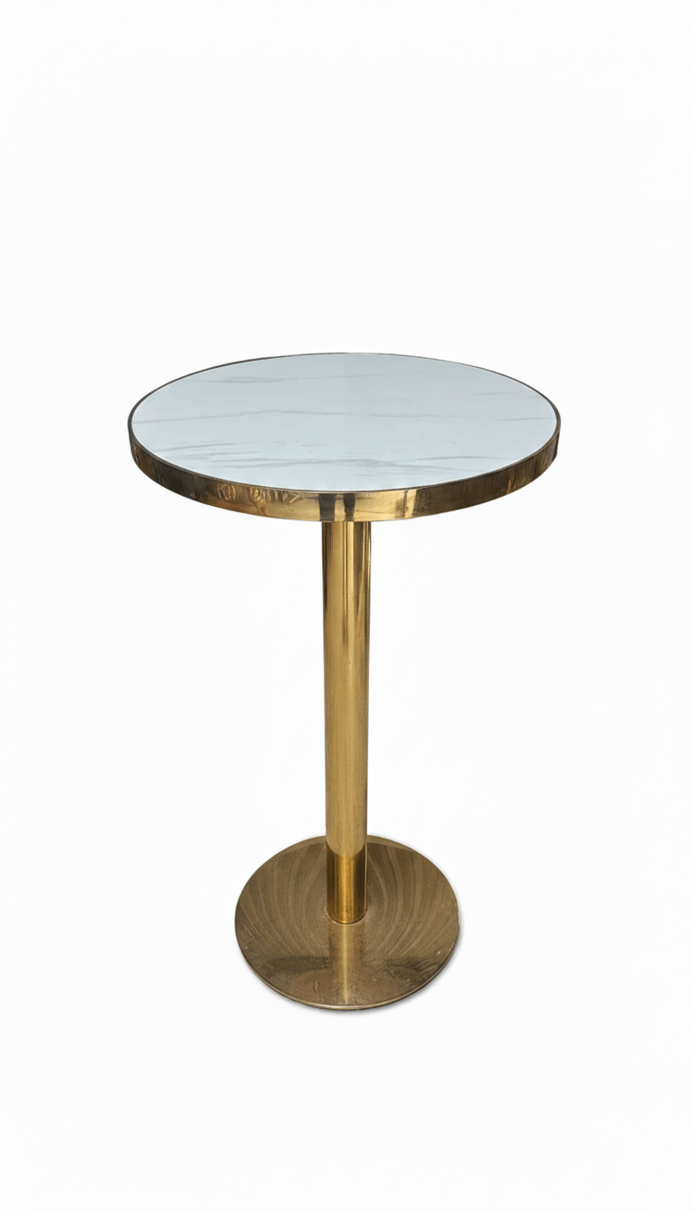 Round bar table with gold base and white marble top on a white background That Couch place