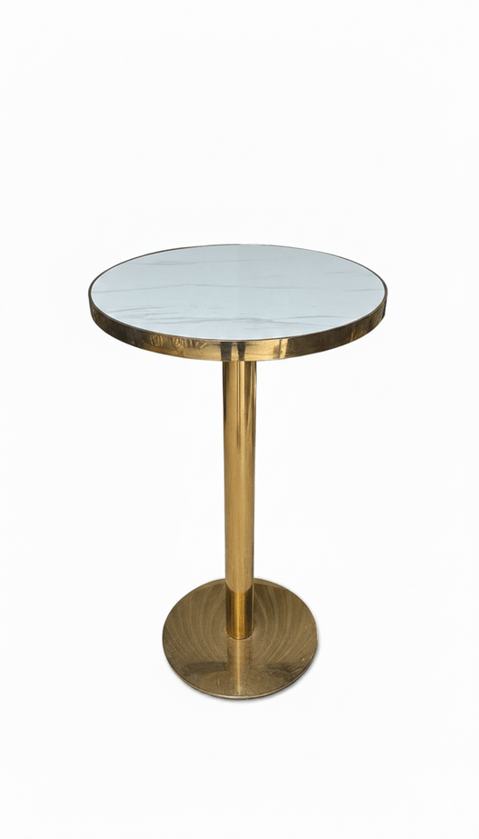 Round bar table with gold base and white marble top on a white background That Couch place