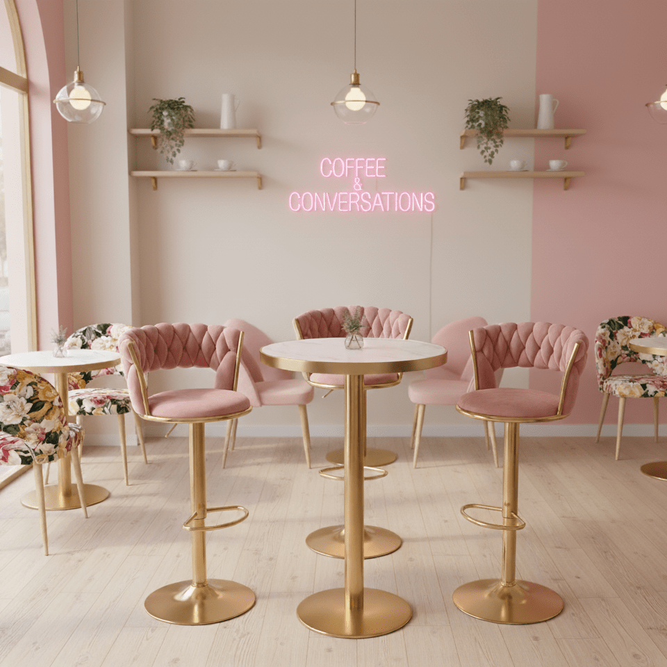 Modern cafe interior with pink chairs, gold stools, and a neon sign. That Couch place