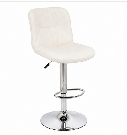 A modern bar stool with a white faux leather seat and backrest, supported by a chrome-plated gas lift base with a footrest ring.