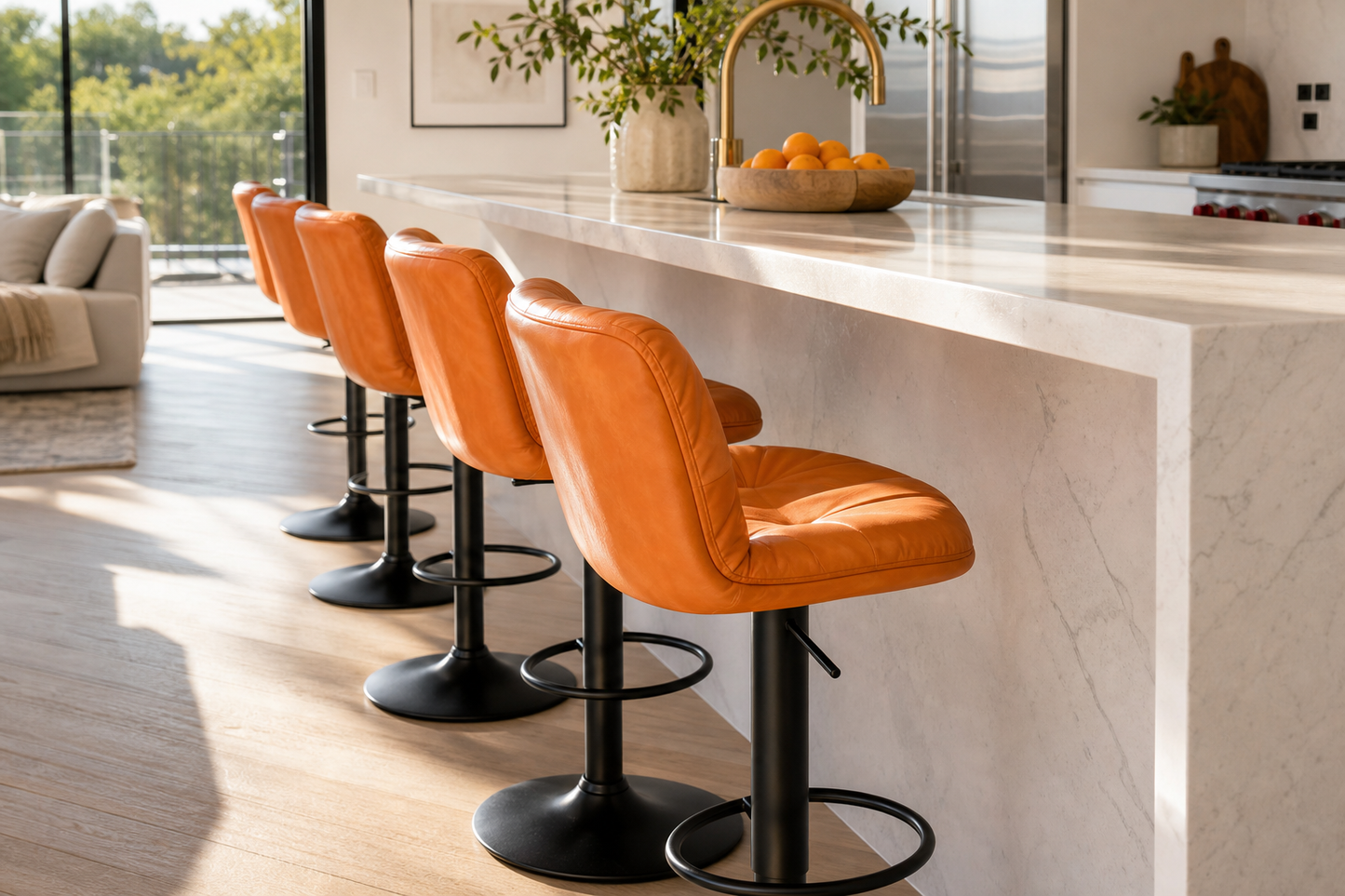 Orange adjustable comfy bar chair placed at  white counter with a mat black base and  a footrest