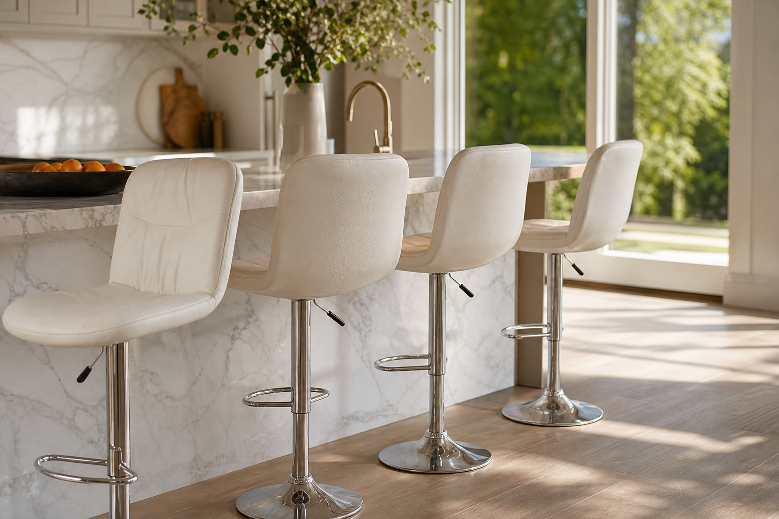 Chrome based modern chairs n white placed at a contemporary kitchen island 