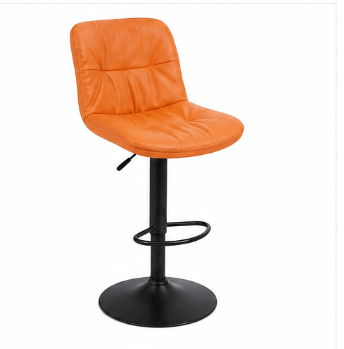 An orange upholstered bar stool with a black metal pedestal base, footrest, and round floor stand, shown on a plain white background.