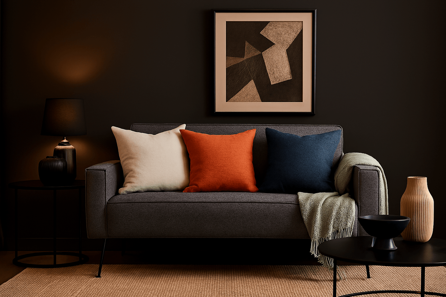 Gray sofa with colorful cushions in a dimly lit lodge lounge with abstract art on the wall.
