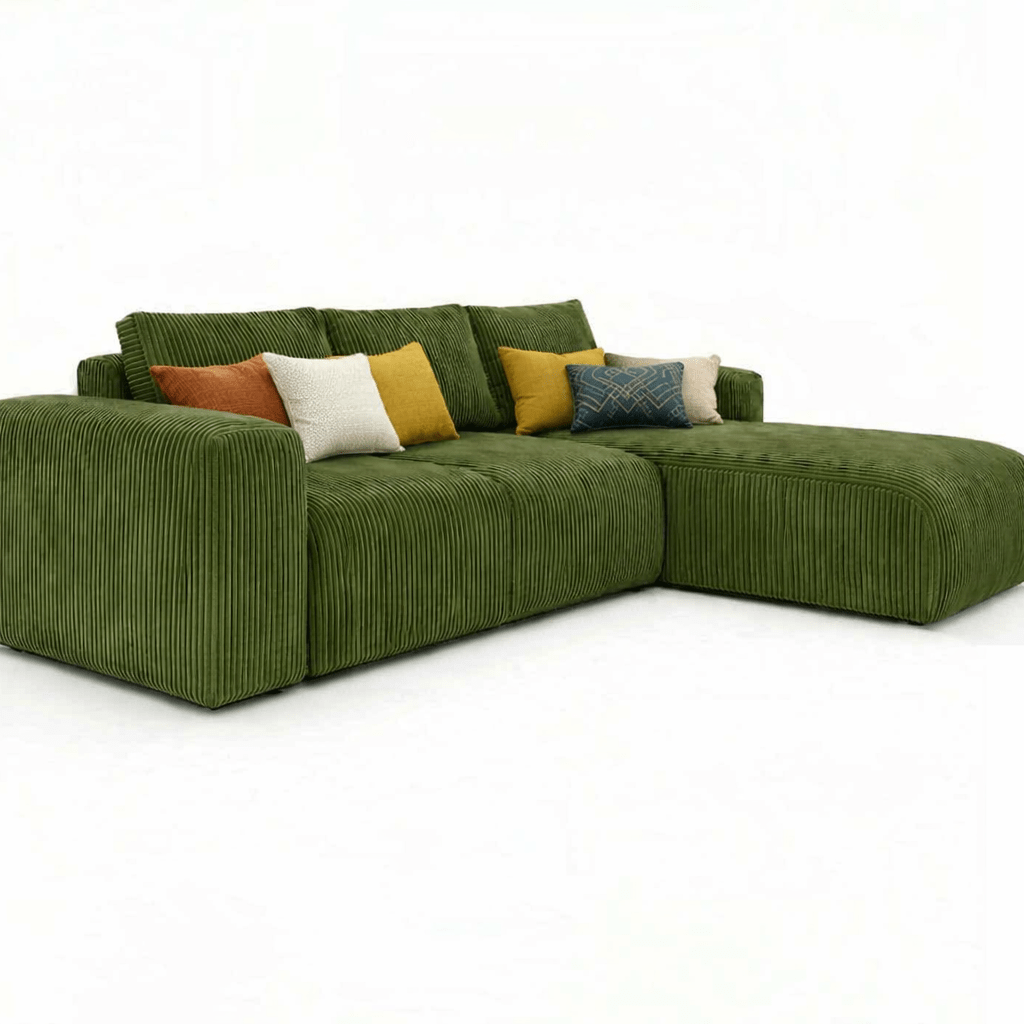 Green sectional L shape soft corduroy fabric sofa with colorful cushions on a white background