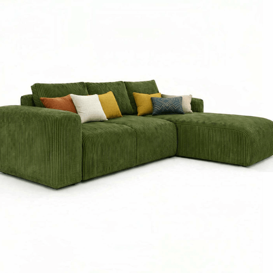 Green sectional L shape soft corduroy fabric sofa with colorful cushions on a white background