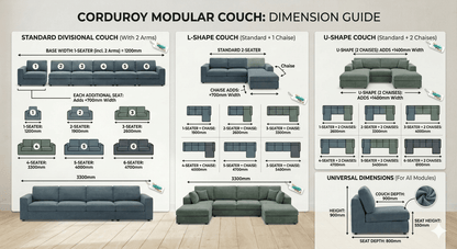 Corduroy modular couch dimension guide with various couch configurations and dimensions.