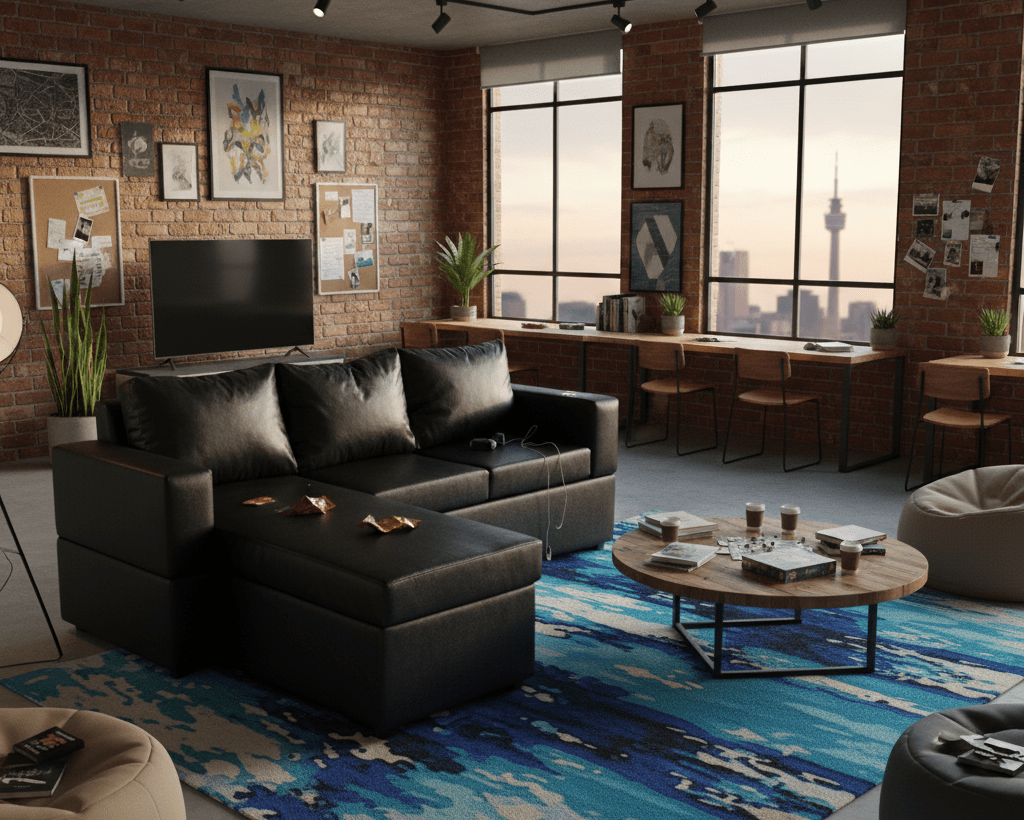 Modern student res room with black sectional sofa, coffee table, and large windows overlooking a cityscape. That couch place