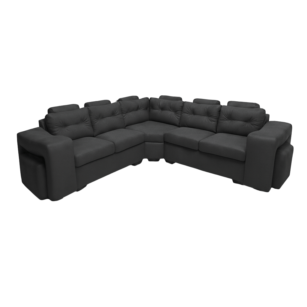 Grey corner sectional sofa with two  ottomans and headrests on a white background. That Couch Place