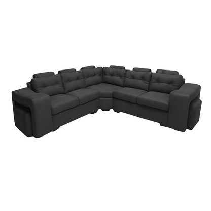 Grey corner sectional sofa with two  ottomans and headrests on a white background. That Couch Place