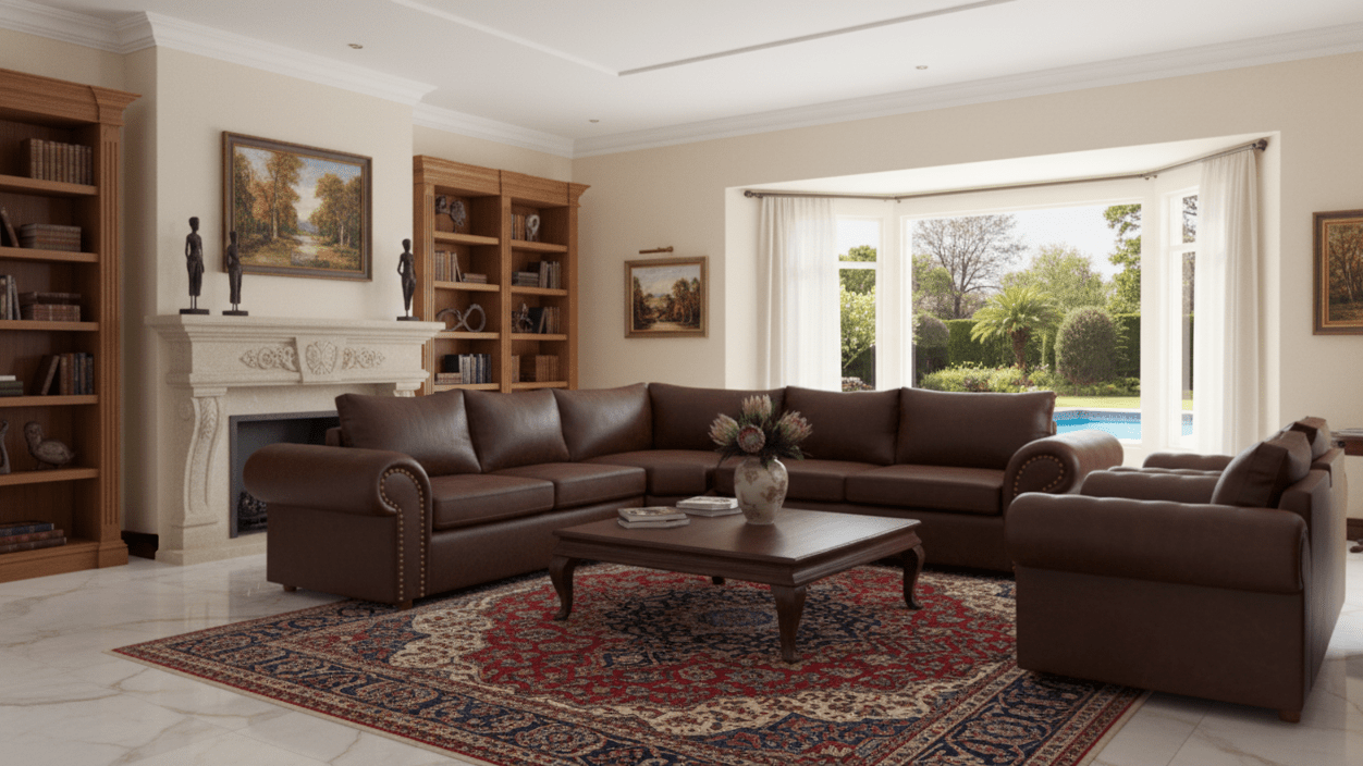 Living room with brown corner couch sectional sofa, coffee table, and bookshelves. That Couch Place