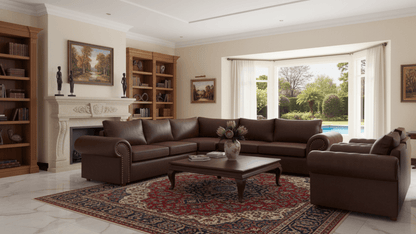 Living room with brown corner couch sectional sofa, coffee table, and bookshelves. That Couch Place