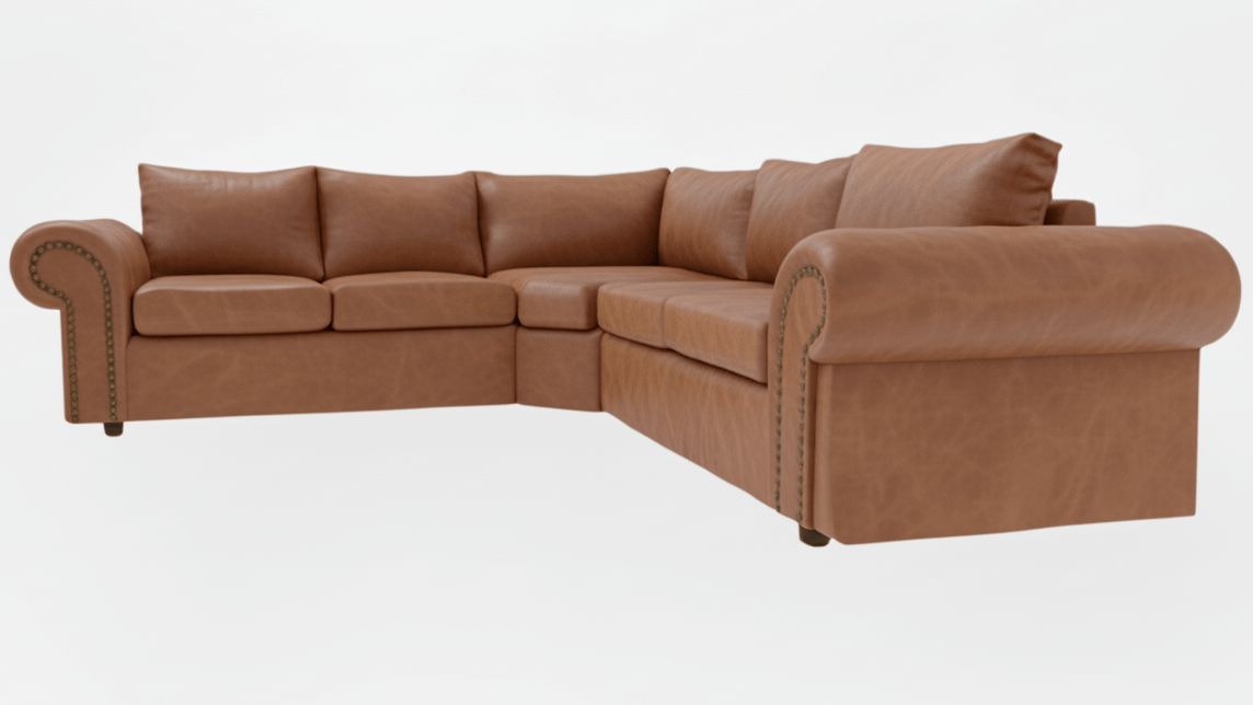 Brown leather corner sectional sofa on a white background That Couch Place