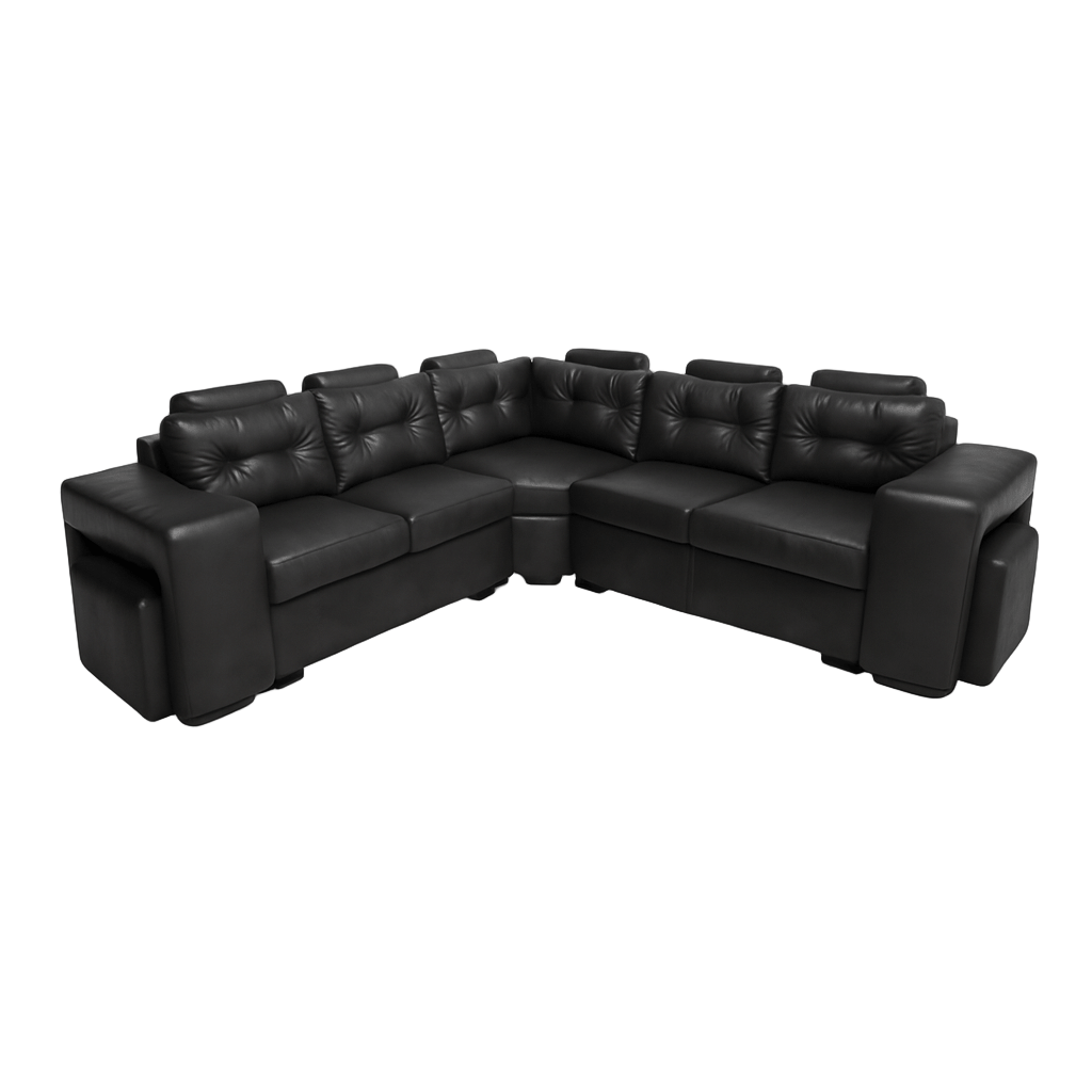 Black leather L shape corner couch sectional sofa with two  ottomans and headrests on a white background. That Couch Place