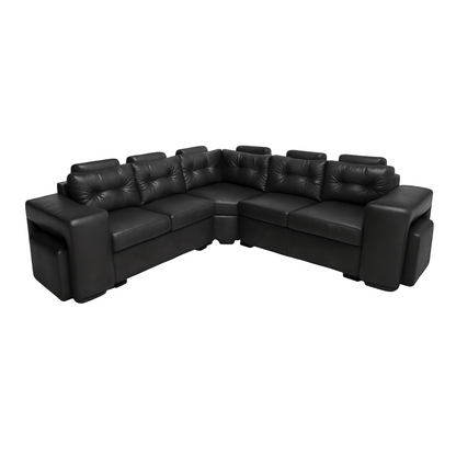 Black leather L shape corner couch sectional sofa with two  ottomans and headrests on a white background. That Couch Place