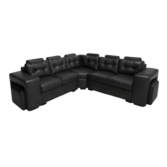 Black leather L shape corner couch sectional sofa with two  ottomans and headrests on a white background. That Couch Place