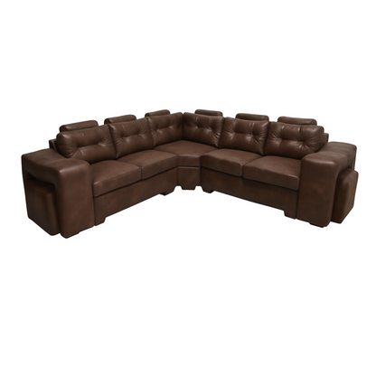 Brown sectional sofa with two  ottomans and headrests on a white background. That Couch Place