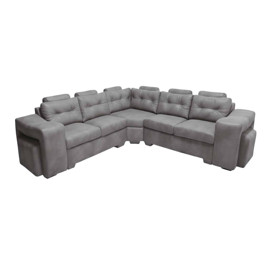 Grey sectional sofa with two  ottomans and headrests on a white background. That Couch Place