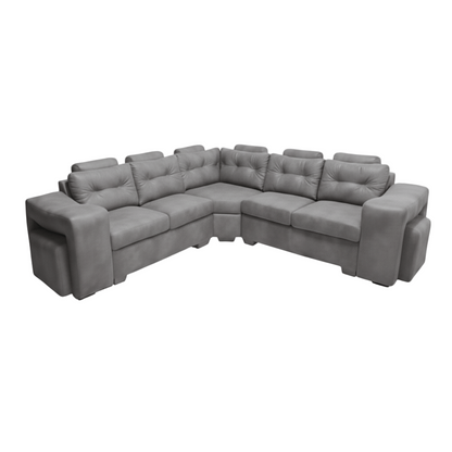 Grey sectional sofa with two  ottomans and headrests on a white background. That Couch Place