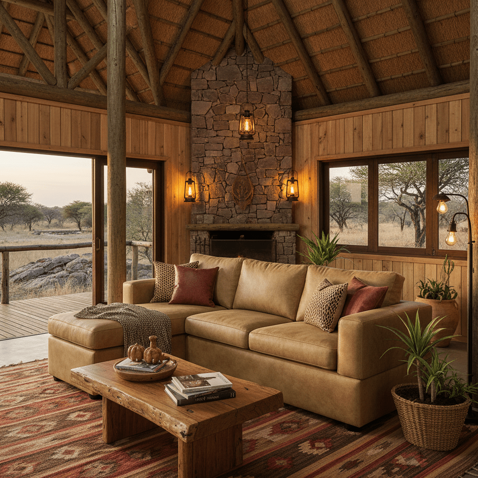 Cozy living room with a stone fireplace, beige sofa, and wooden coffee table in a rustic setting.