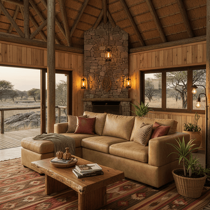 Cozy living room with a stone fireplace, beige sofa, and wooden coffee table in a rustic setting.