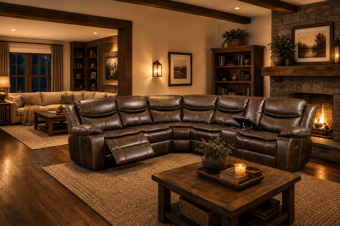 Cozy living room with a large brown leather sectional sofa, wooden coffee table, and fireplace.