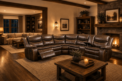 Cozy living room with a large brown leather sectional sofa, wooden coffee table, and fireplace.