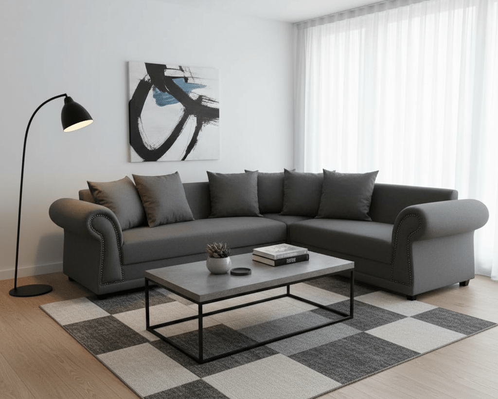Modern living room with a gray Victorian l shape corner couch sectional sofa, coffee table, and decorative items. That Couch Place