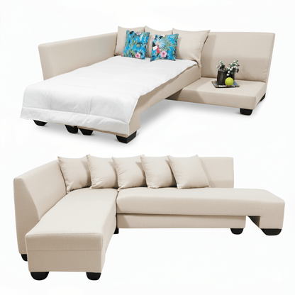 Beige sectional sleeper sofa with a bed extension on a white background That Couch Place