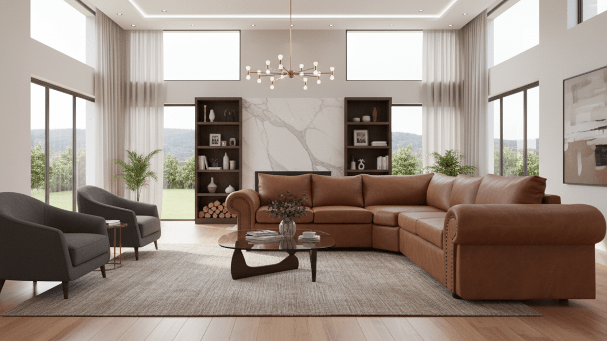 Modern living room with a corner couch brown sectional sofa, gray armchairs, and large windows. That Couch Place