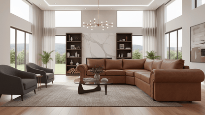 Modern living room with a corner couch brown sectional sofa, gray armchairs, and large windows. That Couch Place