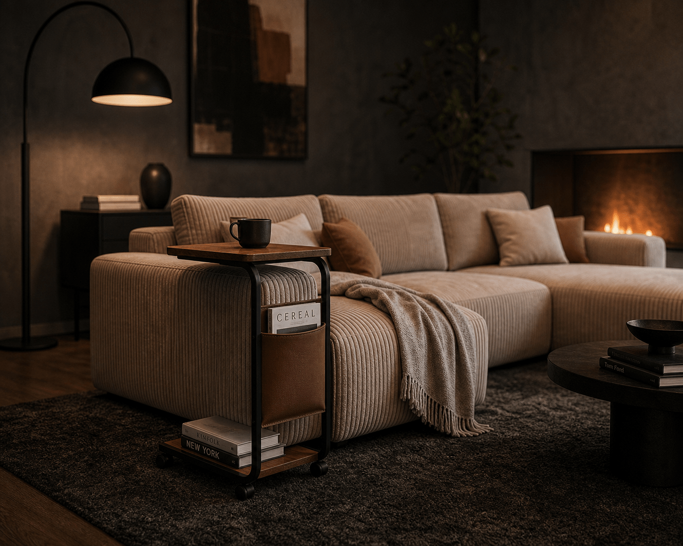 A beige ribbed sectional sofa in a cozy, dimly lit living room with a lit fireplace, a black floor lamp, and a small black rolling side table holding a mug and books.