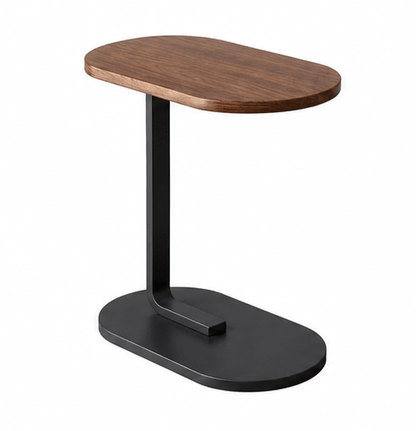 An oval side table with a dark brown wood-grain top and a black metal pedestal base, shown on a plain white background.