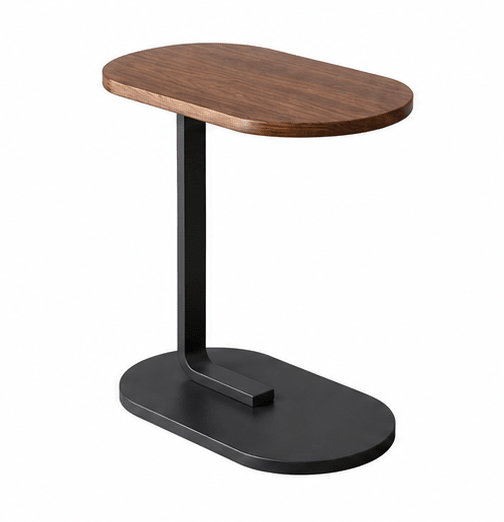 An oval side table with a dark brown wood-grain top and a black metal pedestal base, shown on a plain white background.