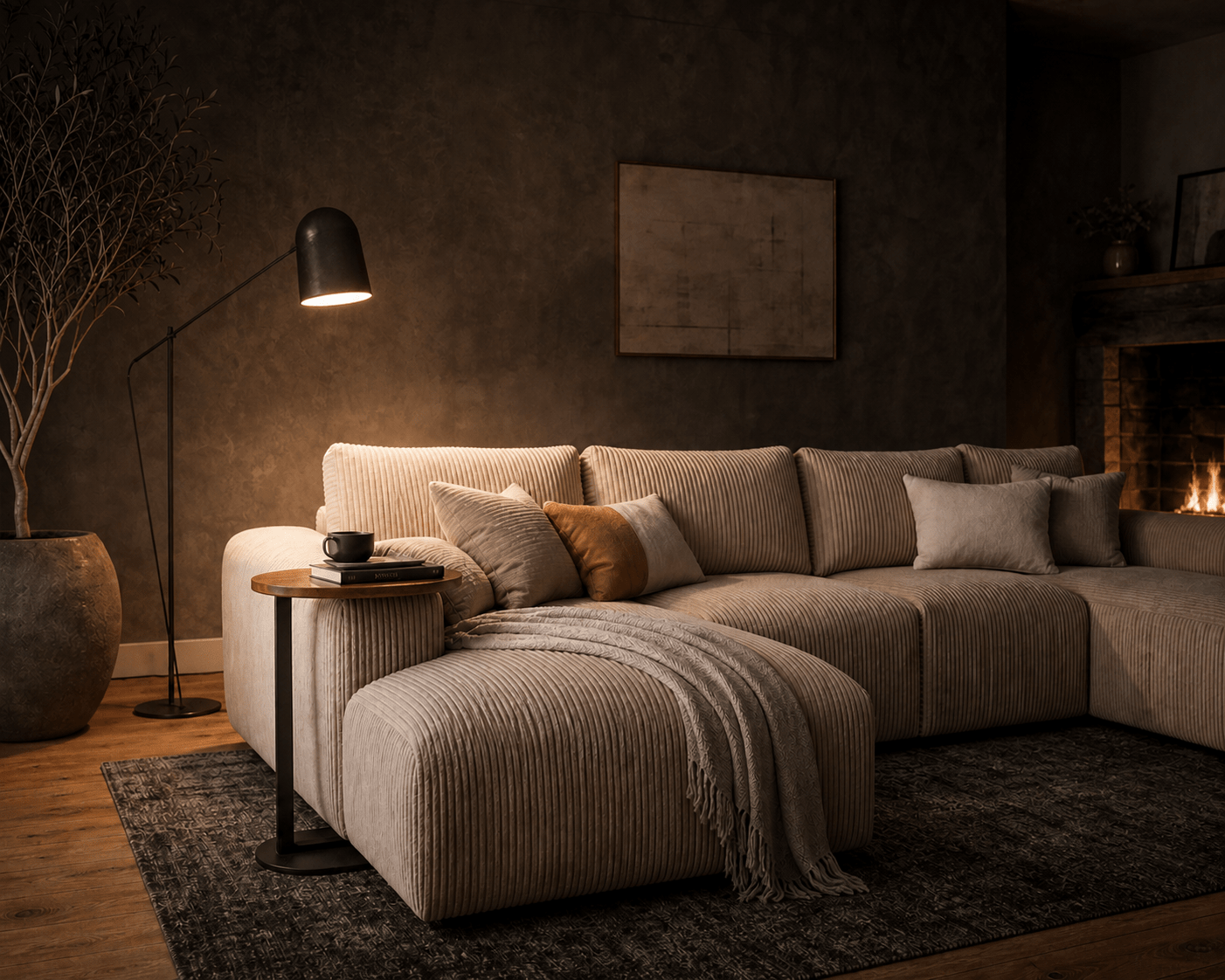 A modern sectional sofa in a warm, dimly lit living room. The sofa is upholstered in a textured beige ribbed fabric and includes multiple matching throw pillows and a fringed throw blanket draped over the chaise.