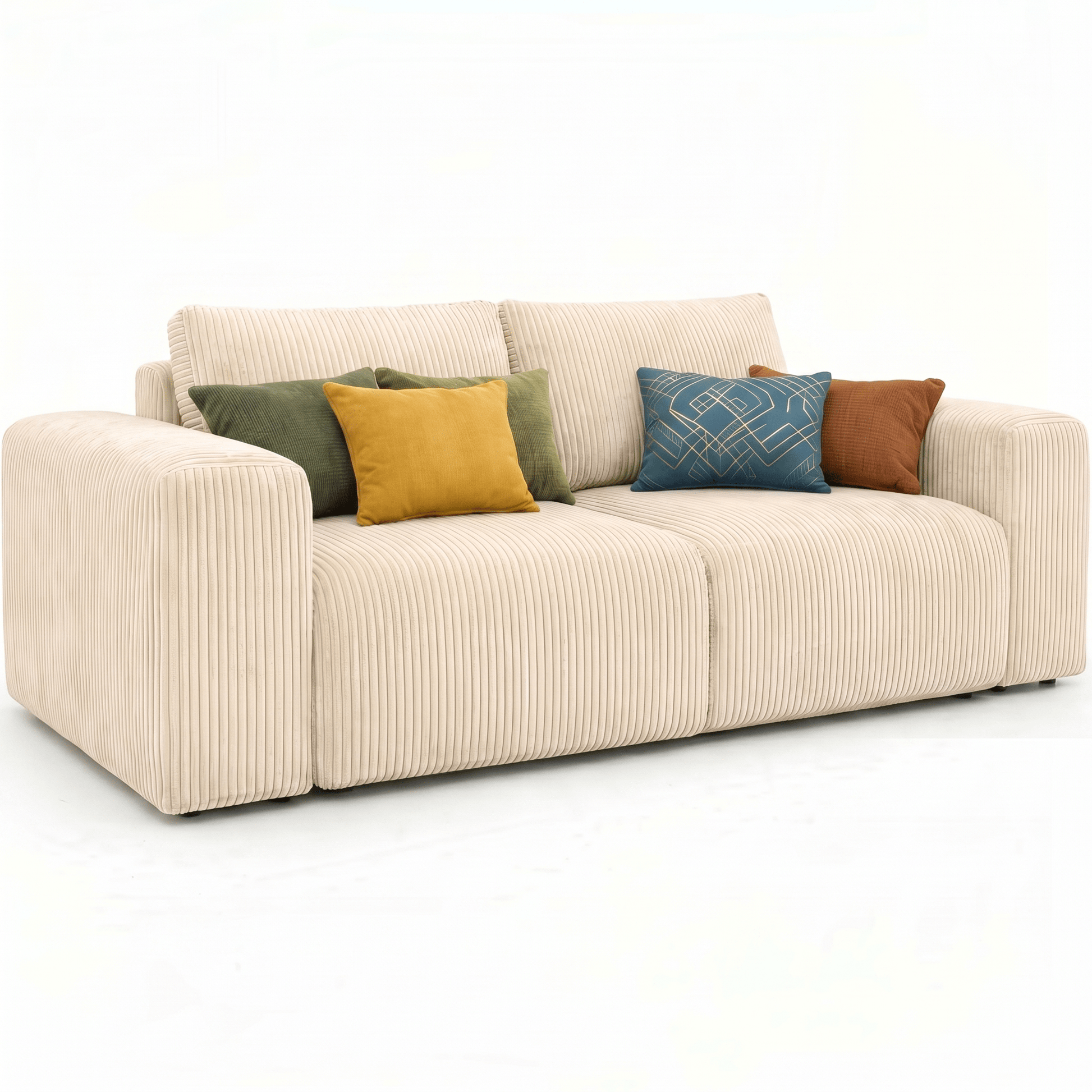 Beige sofa with colorful cushions on a white background