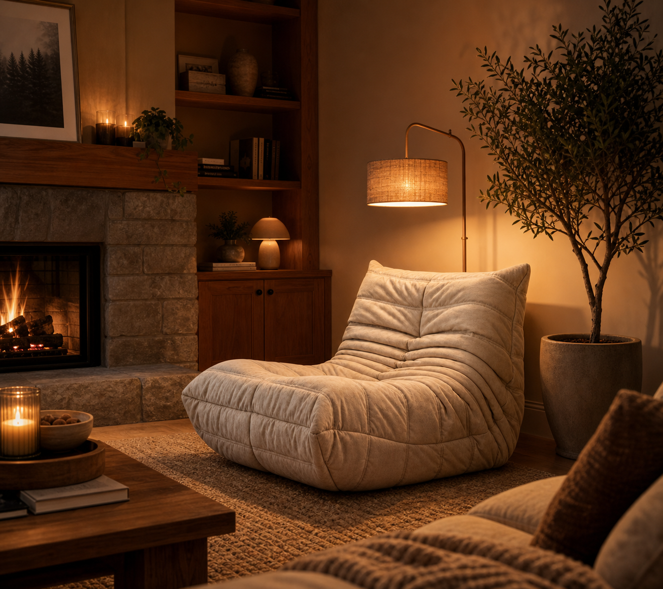 Cozy living room with a fireplace, armchair, and decorative elements.