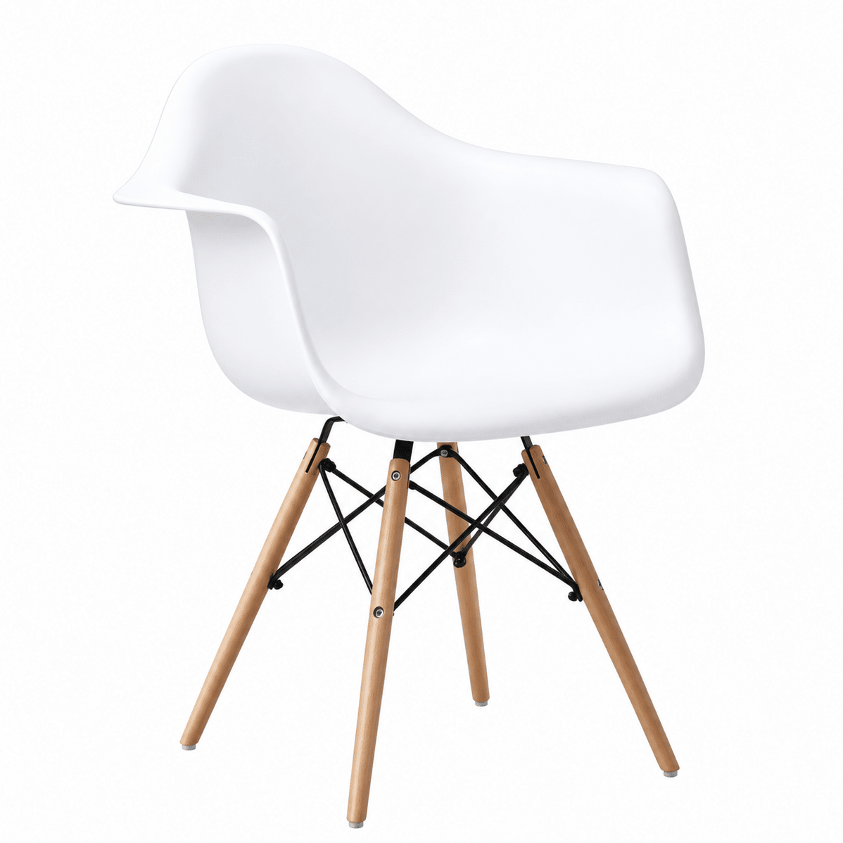 A modern white molded plastic armchair with light natural wood legs and black metal cross-bracing, shown from a three-quarter angle on a white background.