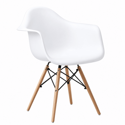 A modern white molded plastic armchair with light natural wood legs and black metal cross-bracing, shown from a three-quarter angle on a white background.