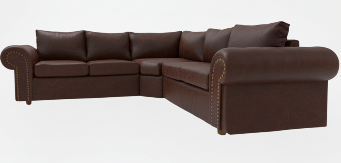 Corner Brown leather sectional sofa on a white background That Couch Place