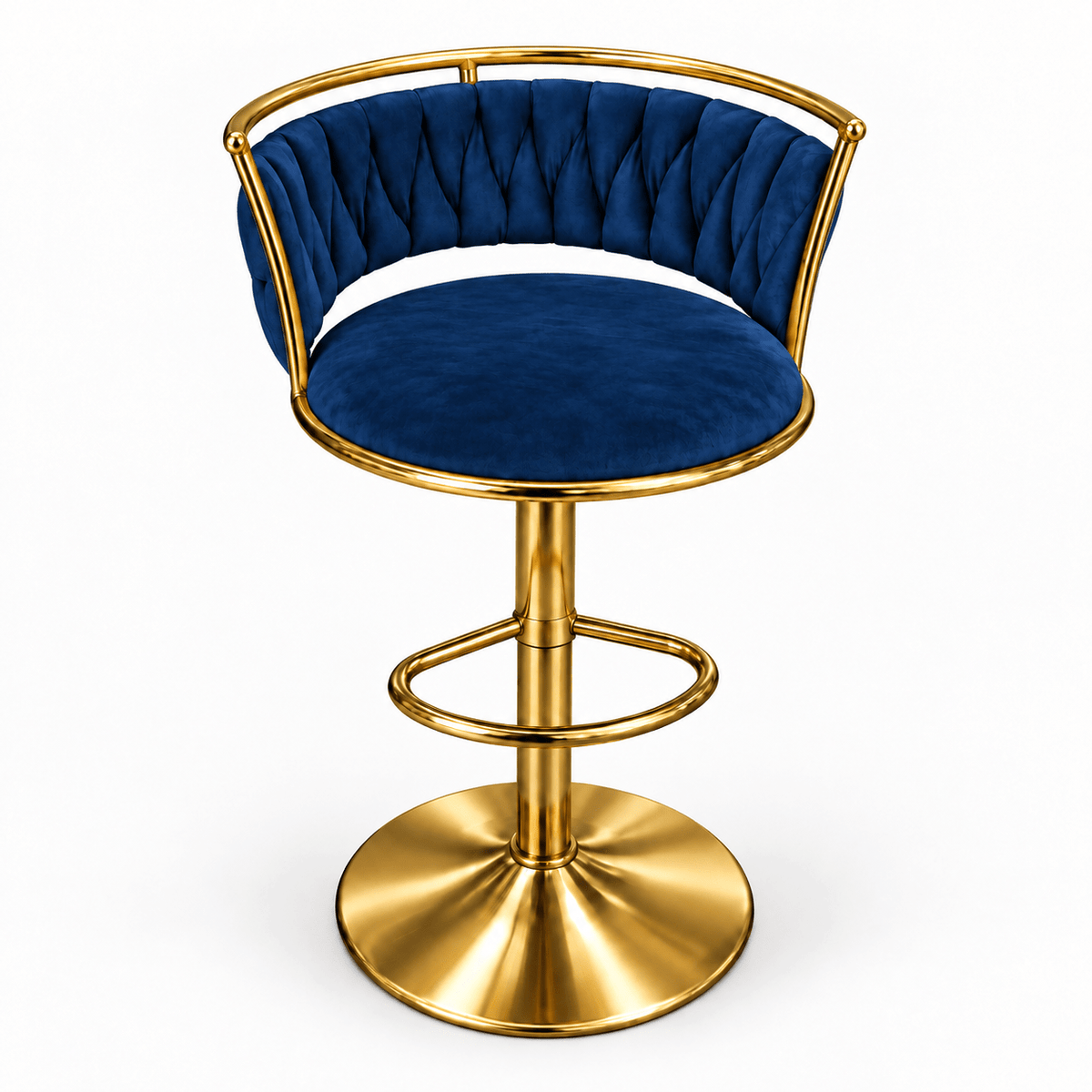 A modern bar stool with a tufted blue velvet seat and backrest, supported by a polished gold-finished metal frame and circular swivel base, shown on a plain white background.