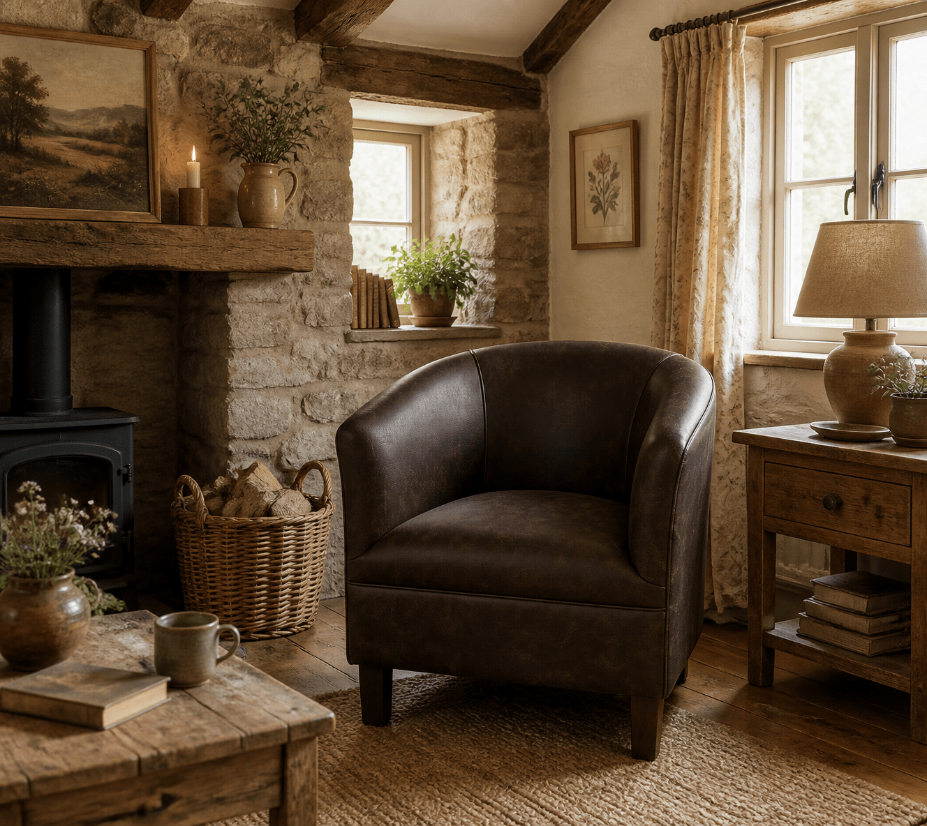 A rustic living room scene featuring a dark brown leather armchair in front of a stone fireplace, with a wooden side table, lamp, windows, and warm-toned decor.