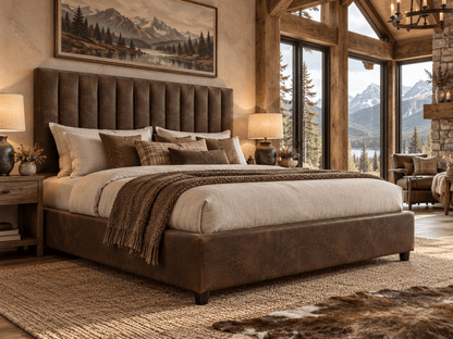 A luxury upholstered bed in a rustic mountain-themed bedroom. The bed features a tall, tufted brown headboard and matching low-profile footboard in a rich chocolate brown fabric, dressed with cream bedding, brown pillows, and a textured brown throw blanket.