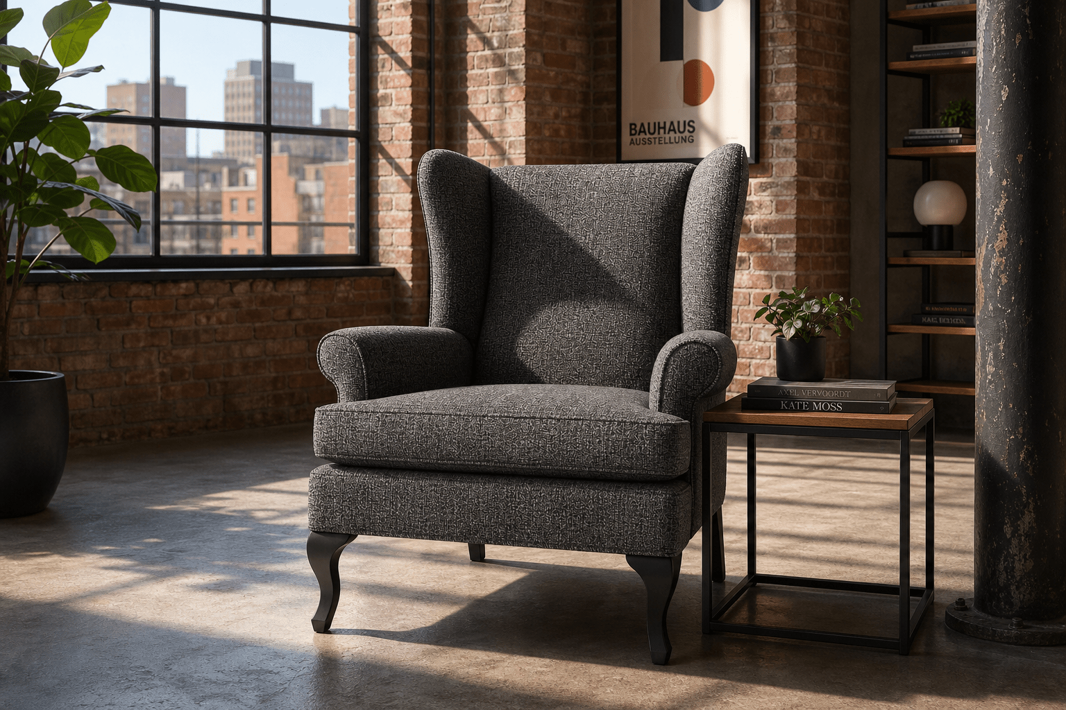 A gray upholstered wingback armchair with dark wooden legs, positioned in a modern loft-style room with brick walls, a side table, and a large window.