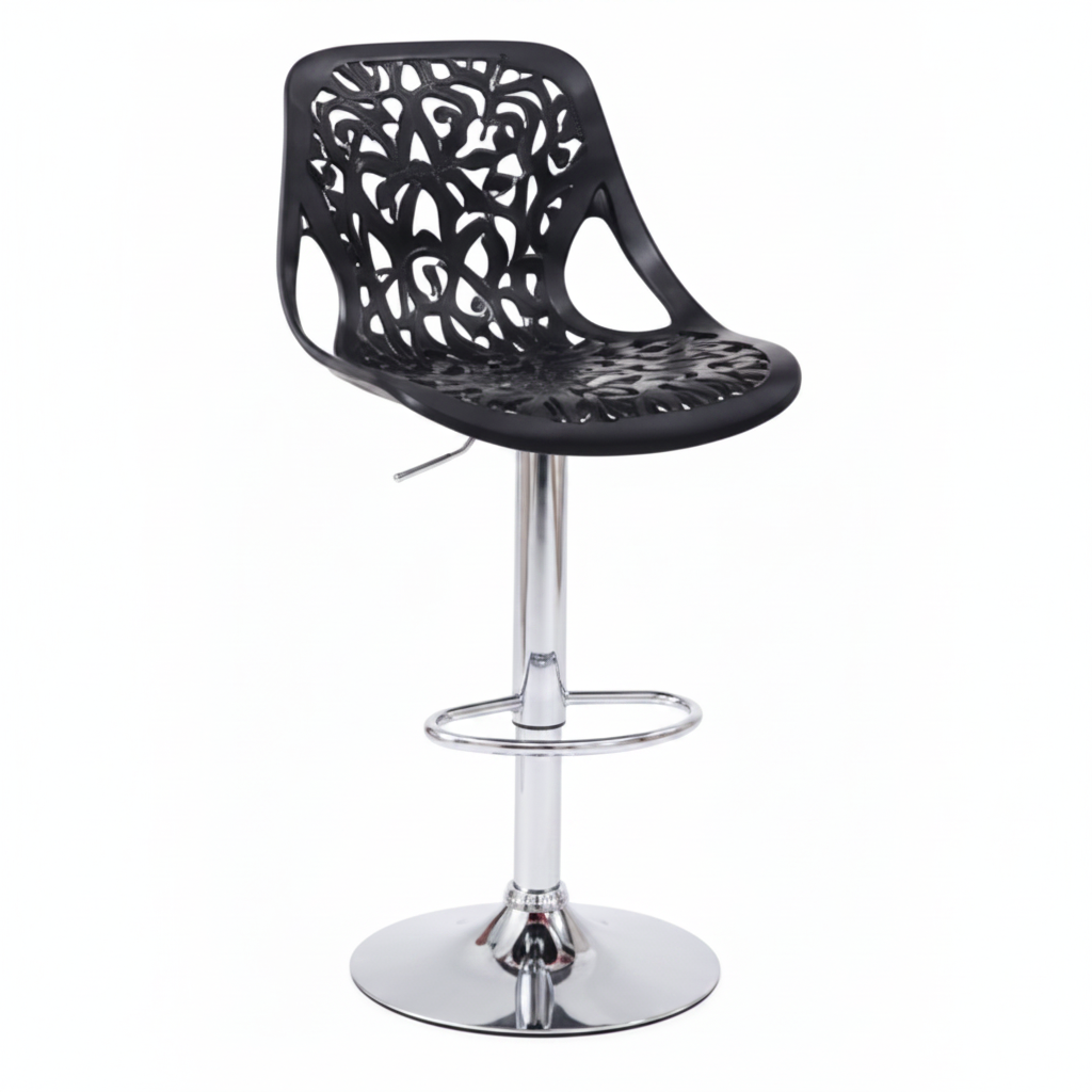 A modern black plastic barstool with a decorative cutout pattern on the seat and backrest, supported by a chrome-finished adjustable pedestal base with a circular footrest.