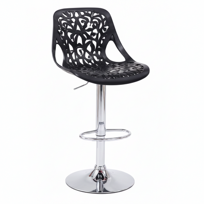 A modern black plastic barstool with a decorative cutout pattern on the seat and backrest, supported by a chrome-finished adjustable pedestal base with a circular footrest.