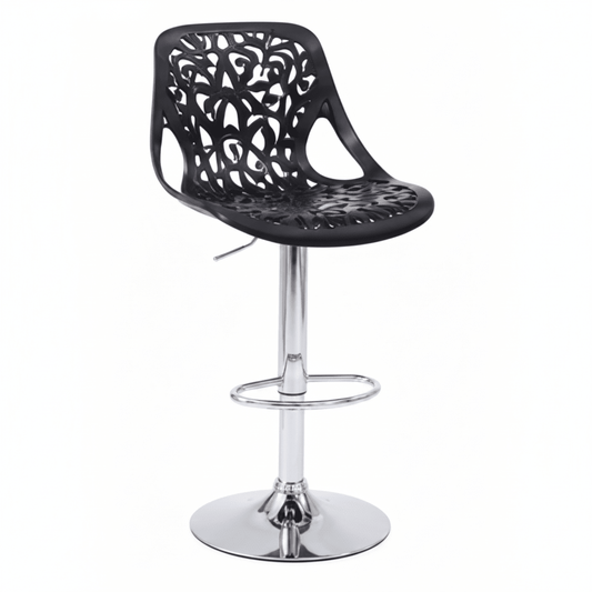 A modern black plastic barstool with a decorative cutout pattern on the seat and backrest, supported by a chrome-finished adjustable pedestal base with a circular footrest.