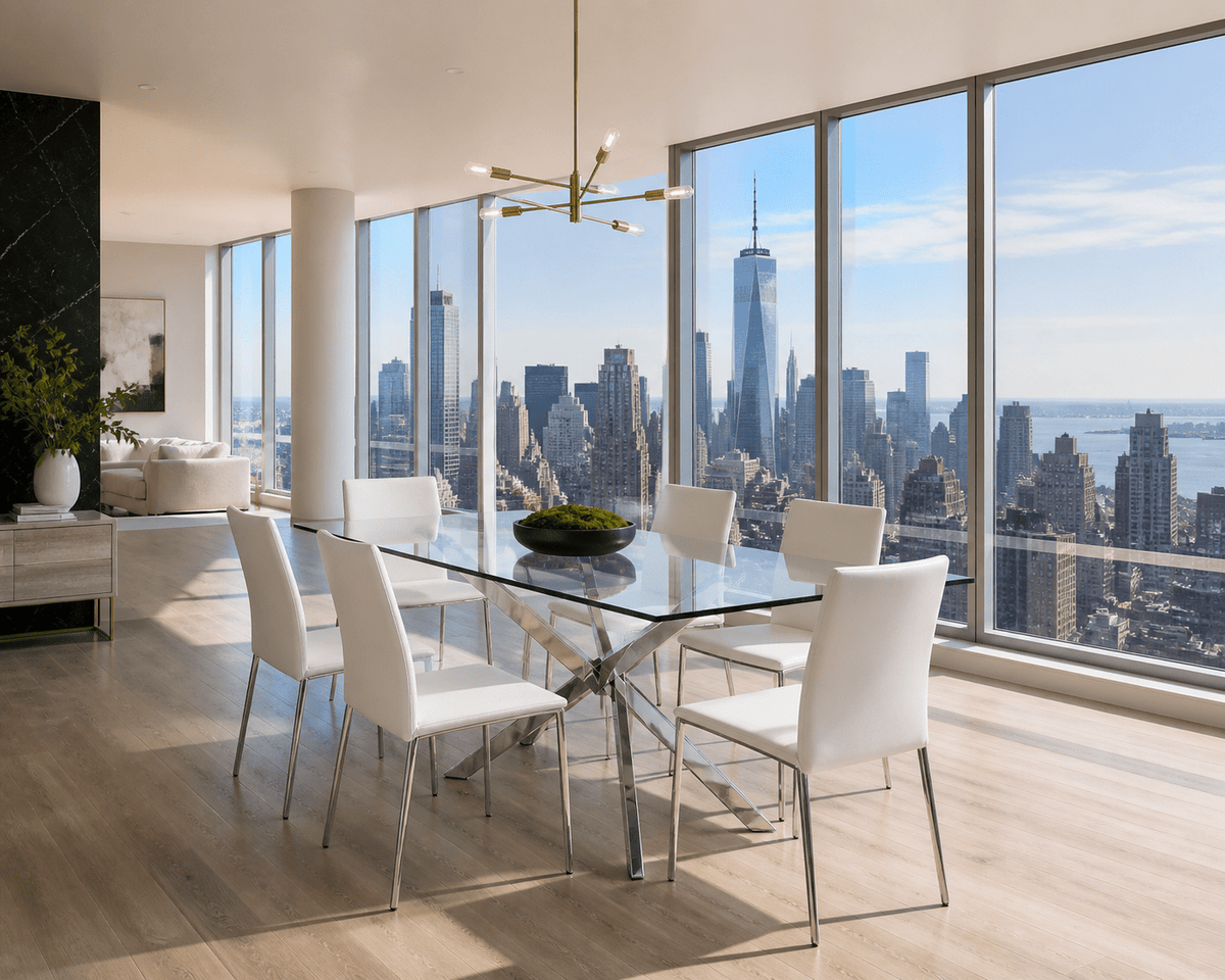 Modern dining room with a glass-top rectangular table and six white upholstered chairs, set in a high-rise apartment with large floor-to-ceiling windows overlooking a city skyline.