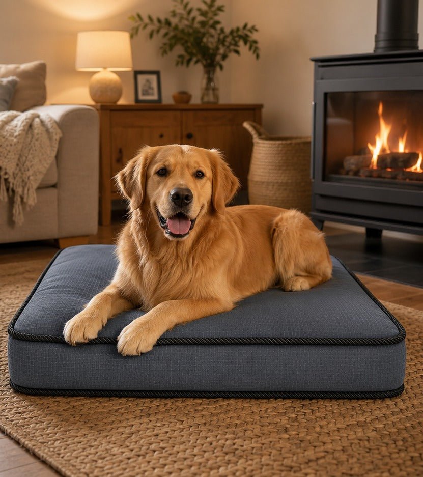 Dog lying on a large dog bed in a cozy living room with a fireplace.
